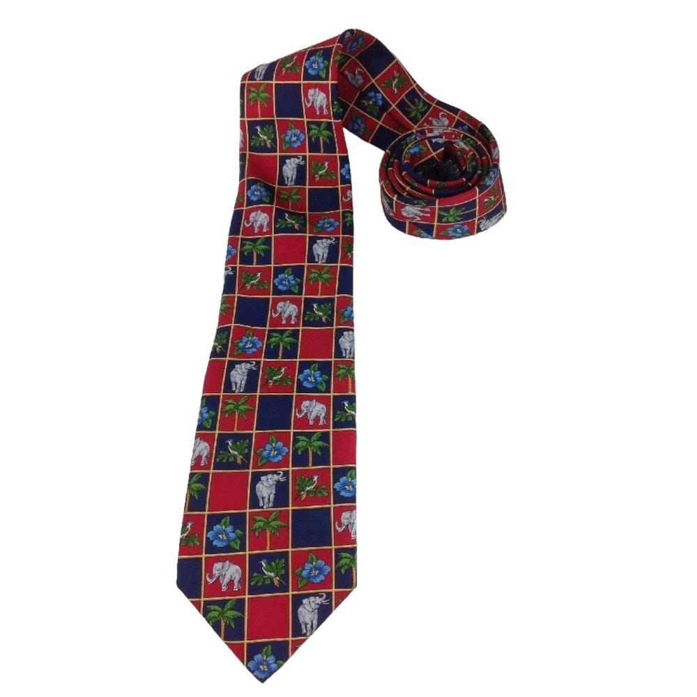 BEAUFORT Italy TIE RACK Tie Silk Elephant Bird Tropical Pattern Red Luck
